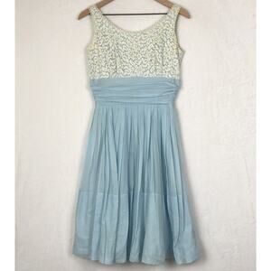 VTG MISS ELLIETTE Midi Ruched Waist Dress Sz 4 S 33" Blue Ivory Lace Pleats‎